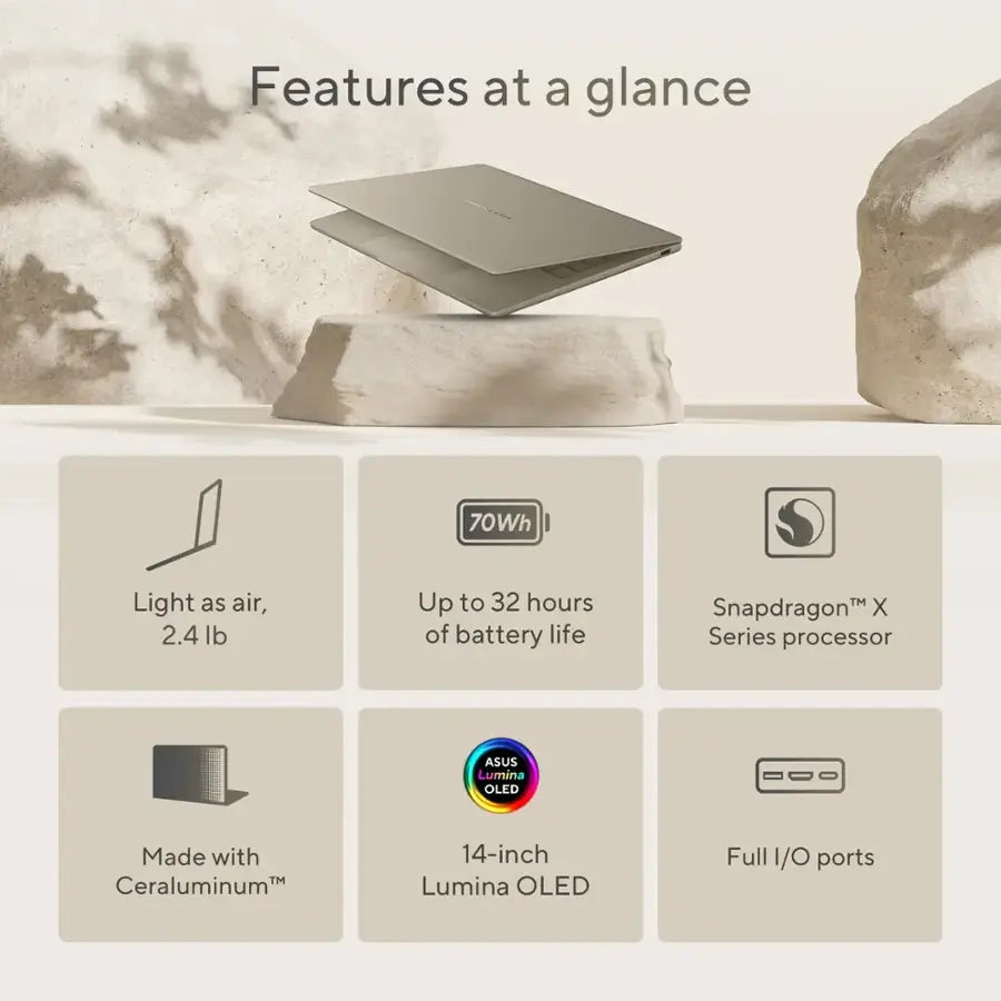 ASUS Zenbook A14 – Snapdragon X Plus | 16GB RAM | 512GB SSD | 14″ FHD+ OLED | Copilot+ PC | Zabriskie Beige
