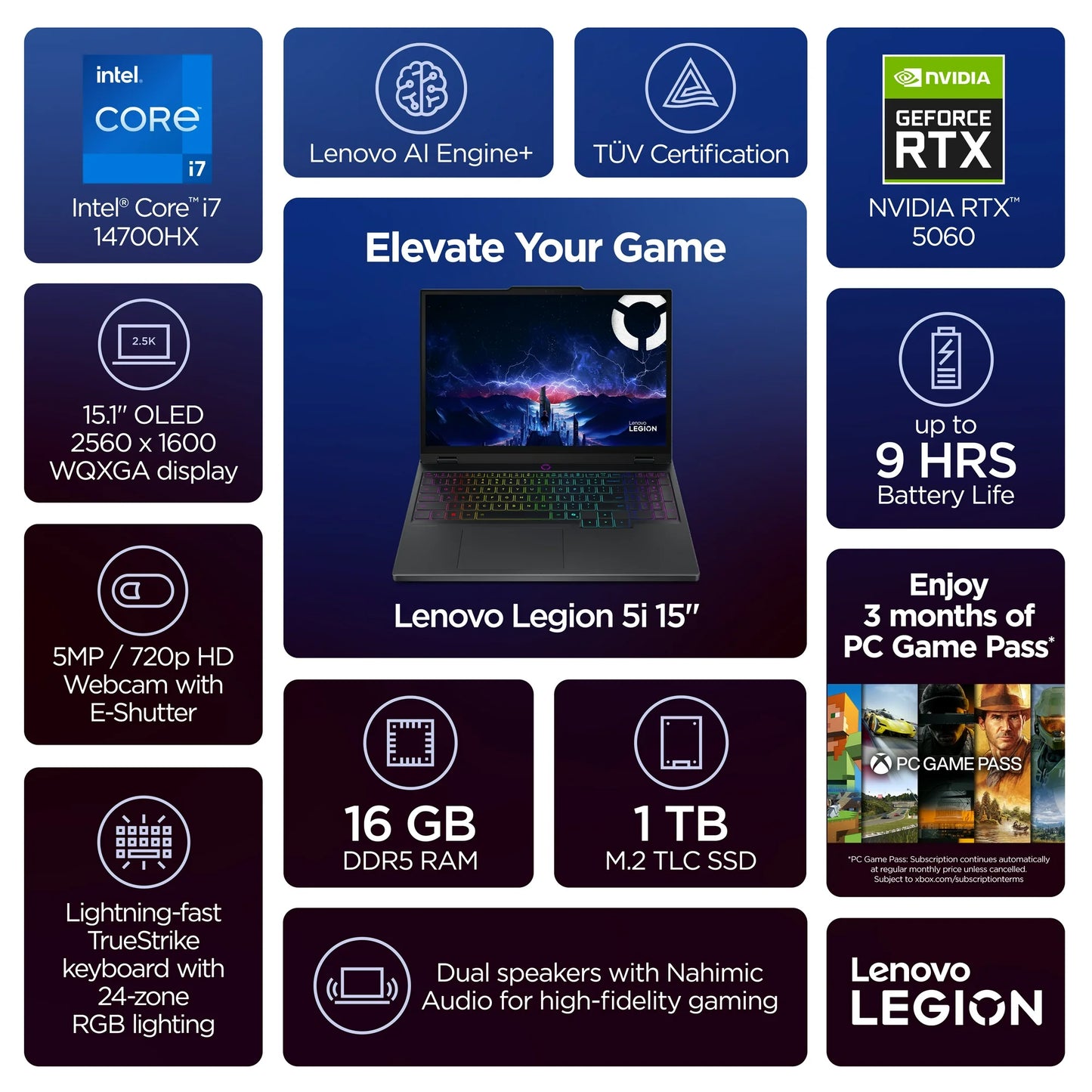 Lenovo Legion 5i – Intel Core i7-14700HX | 16GB RAM | 1TB SSD | NVIDIA GeForce RTX 5060 | 15.1″ OLED WQXGA | Windows 11 | Eclipse Black