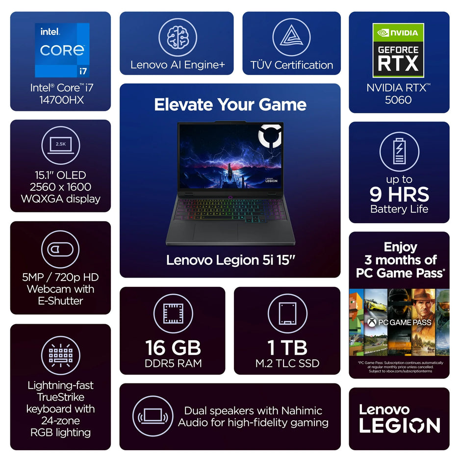 Lenovo Legion 5i – Intel Core i7-14700HX | 16GB RAM | 1TB SSD | NVIDIA GeForce RTX 5060 | 15.1″ OLED WQXGA | Windows 11 | Eclipse Black