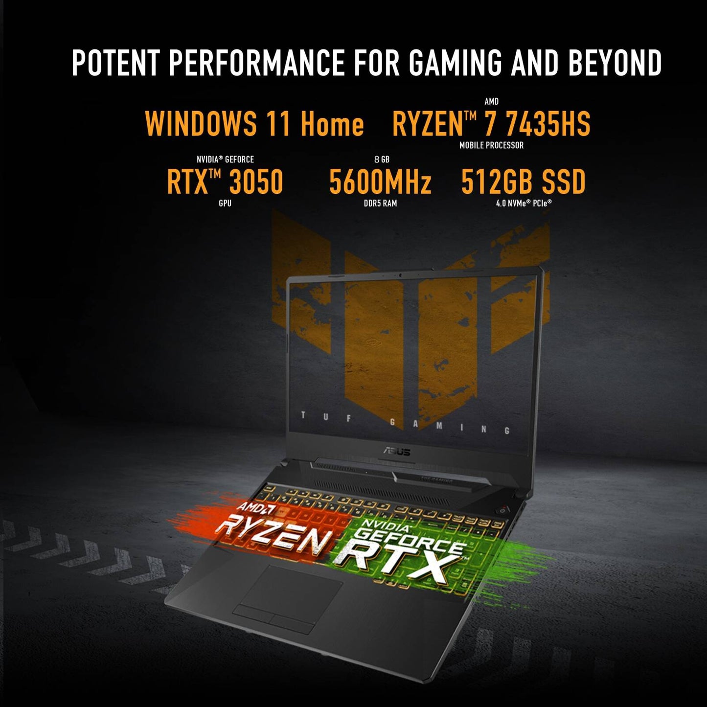 ASUS TUF Gaming A15 FA506NCR Laptop, 15.6" FHD IPS 144Hz Display, AMD Ryzen 7 7435HS, 8GB RAM, 512GB SSD, GeForce RTX 3050 4GB GPU, English Keyboard, Windows 11 Home, Graphite Black