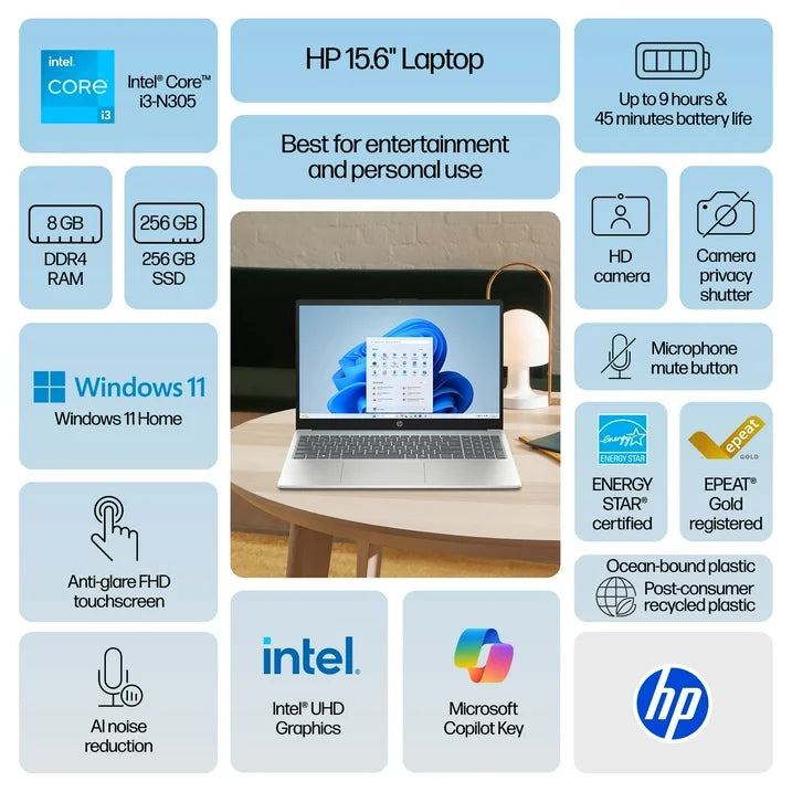 HP 15.6″ Touch Laptop – Intel Core i3-N305 | 8GB RAM | 256GB SSD | Windows 11 Home | Moonlight Blue