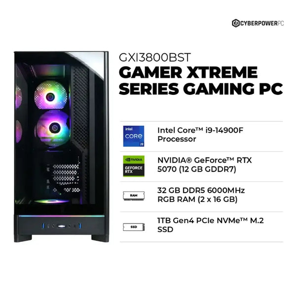 CyberPowerPC Gamer Xtreme – Intel Core i9-14900F | 32GB RAM | 1TB PCIe 4.0 SSD | NVIDIA GeForce RTX 5070 12GB | Windows 11 Pro | Black
