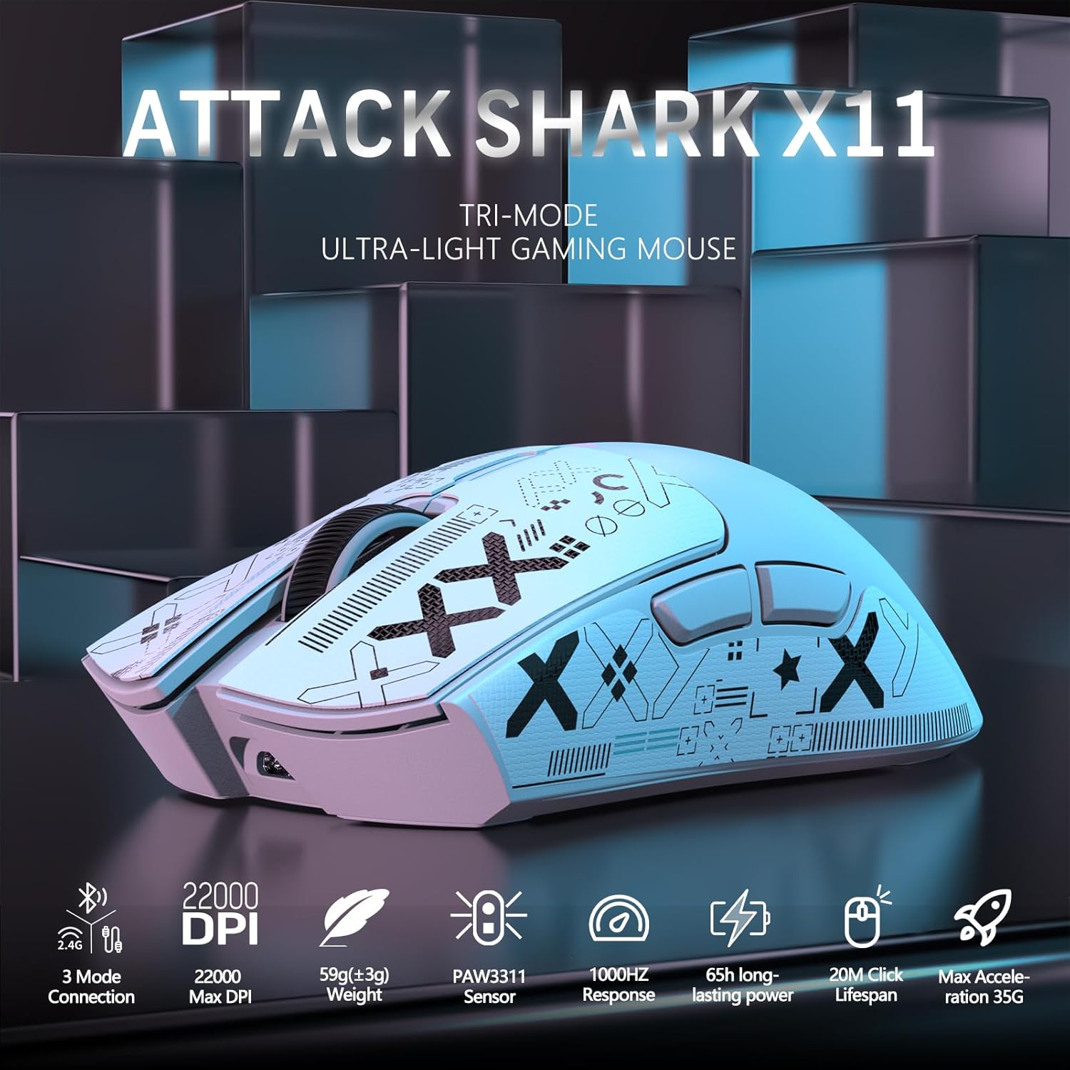 Attack Shark X11 – 59g Superlight Wireless Gaming Mouse | RGB Charging Dock | 22000 DPI | 5 Buttons | White