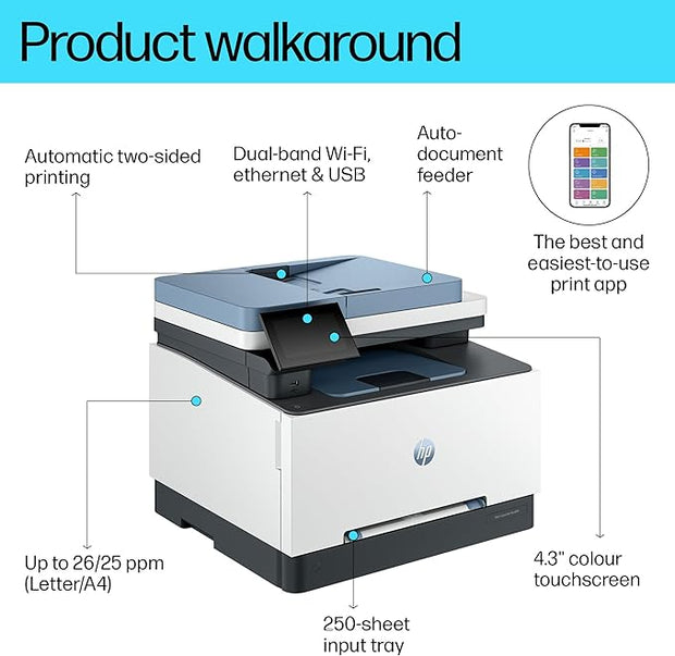 HP Color LaserJet Pro MFP 3303fdw - Wireless, Print, Scan, Copy, Fax, ADF, Automatic 2-sided printing, Touchscreen