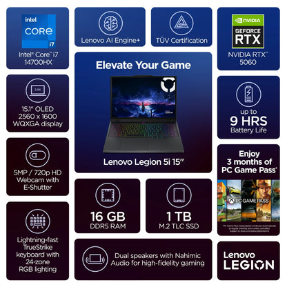 Lenovo Legion 5i – Intel Core i7-14700HX | 16GB RAM | 1TB SSD | NVIDIA GeForce RTX 5060 | 15.1″ OLED WQXGA | Windows 11 | Eclipse Black