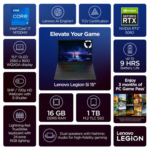 Lenovo Legion 5i – Intel Core i7-14700HX | 16GB RAM | 1TB SSD | NVIDIA GeForce RTX 5060 | 15.1″ OLED WQXGA | Windows 11 | Eclipse Black