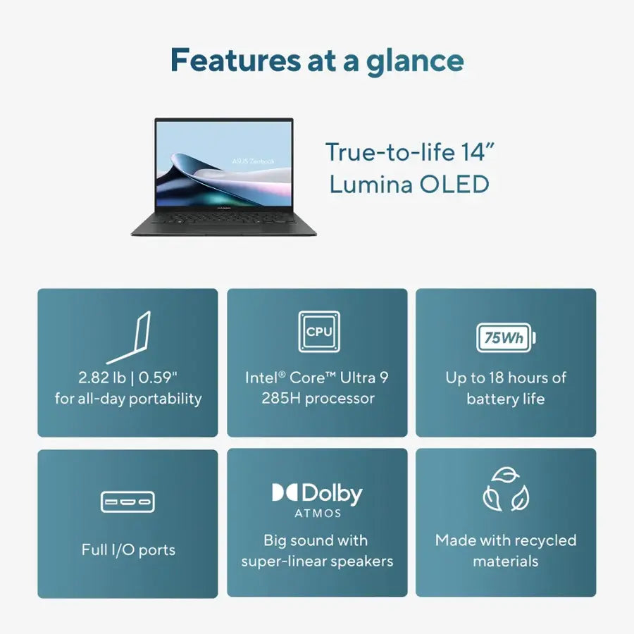 ASUS Zenbook 14 – Intel Core Ultra 9-285H | 32GB RAM | 1TB SSD | 14″ FHD+ OLED Touch | Windows 11 | Jasper Gray